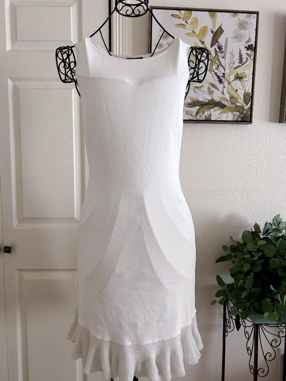 Theory White Sleeveless Midi Dress with Ruffled Hem
